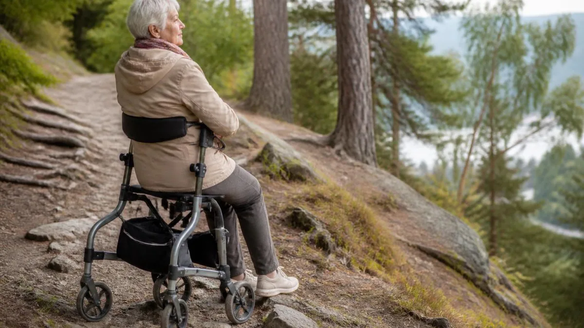 Rollator mit Sitzperson am Wegesrand, Gelände leicht uneben und Bäume im Hintergrund