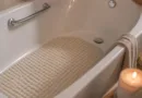 Seniorengerechte Badewanne mit eingelassener rutschfesten Matte, warme Beleuchtung