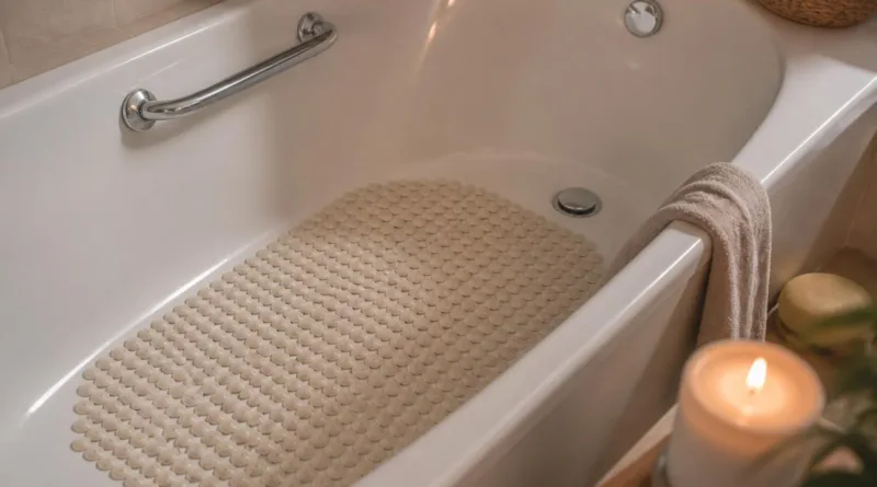 Seniorengerechte Badewanne mit eingelassener rutschfesten Matte, warme Beleuchtung