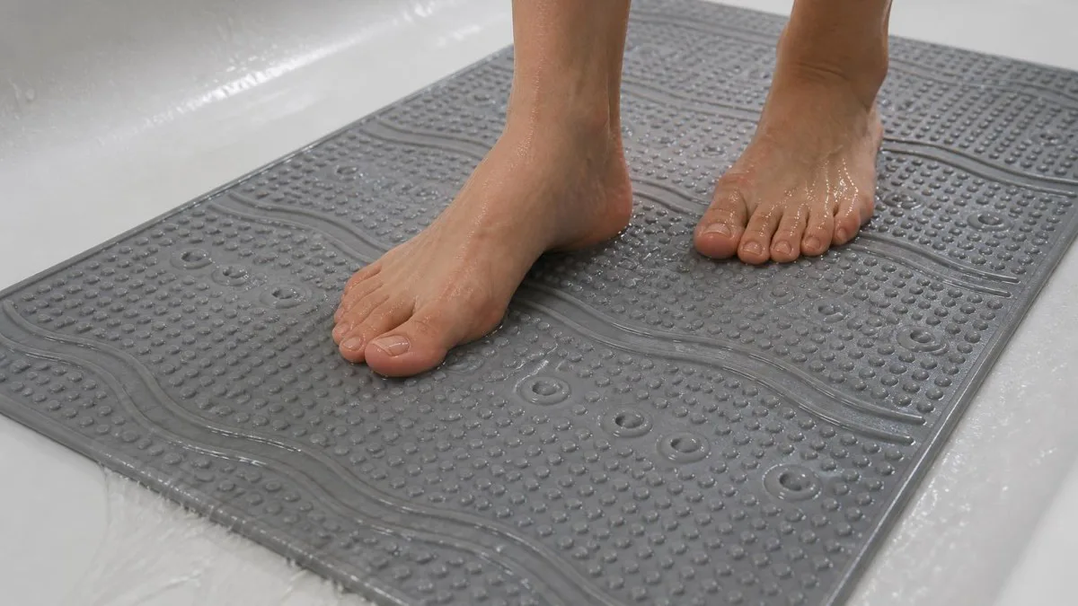 Nahaufnahme strukturierter Oberfläche einer der Badewannenmatten mit Wasserabfluss