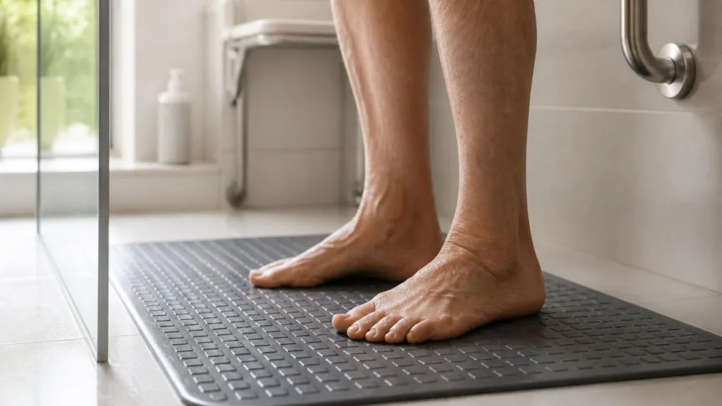 Älterer Mann steht sicher auf rutschfester Duschmatte in heller Dusche, Blick auf Beine und Matte