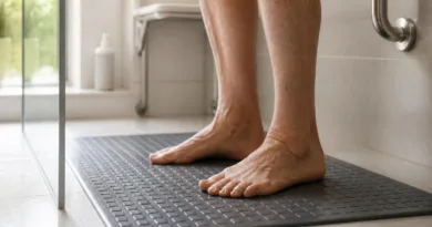Älterer Mann steht sicher auf rutschfester Duschmatte in heller Dusche, Blick auf Beine und Matte