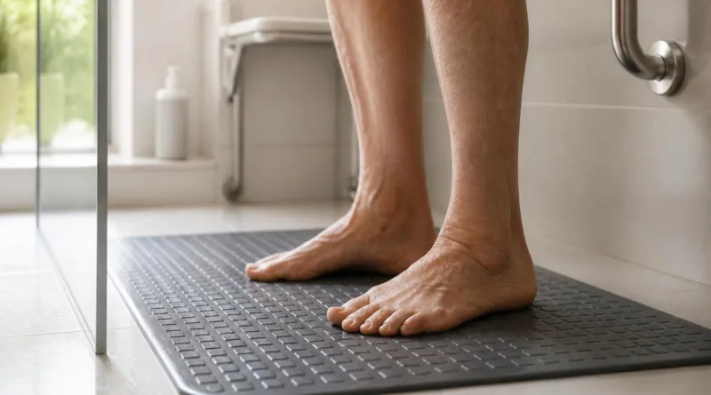 Älterer Mann steht sicher auf rutschfester Duschmatte in heller Dusche, Blick auf Beine und Matte