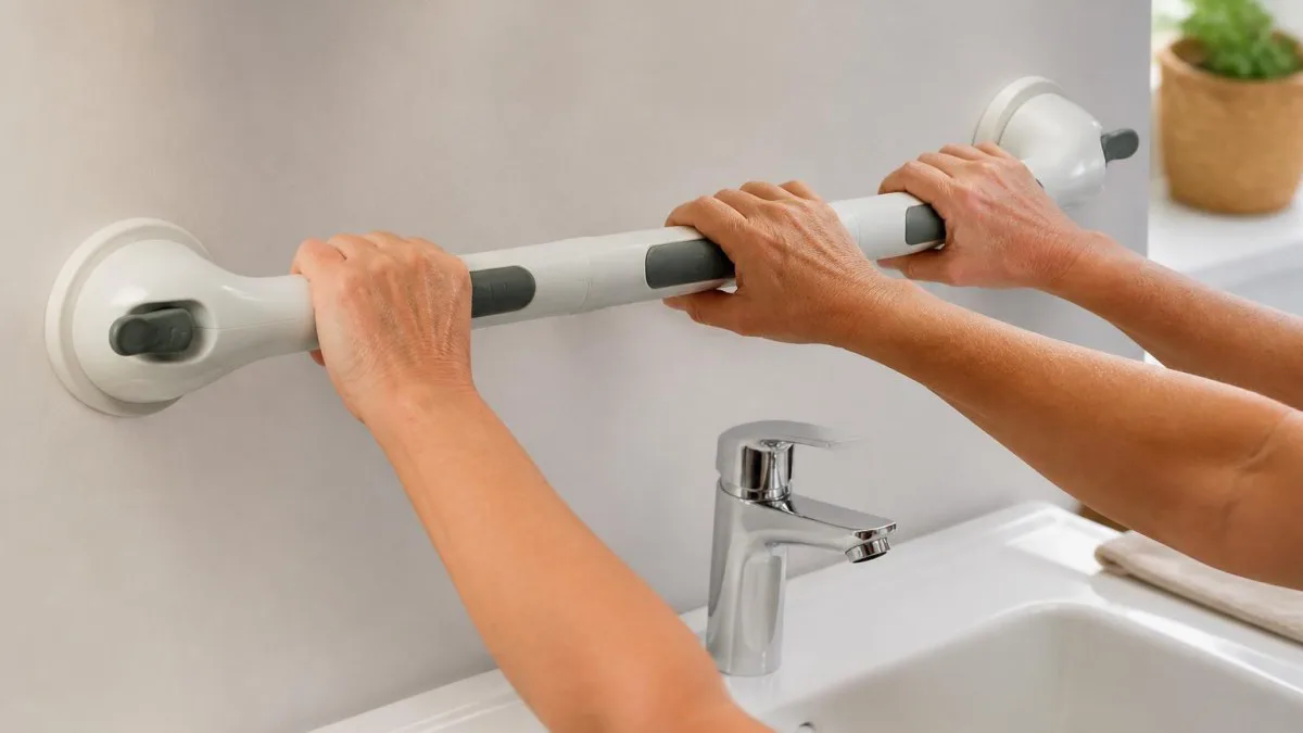 Langer Saugnapf-Haltegriff neben Waschbecken mit zwei möglichen Handpositionen