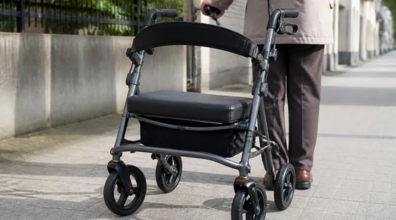 Schwerlast-Rollator auf Gehweg mit verstärktem Rahmen und breitem Sitz