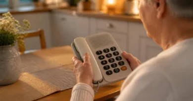 Ältere Person hält ein großes Festnetztelefon mit gut sichtbaren Tasten