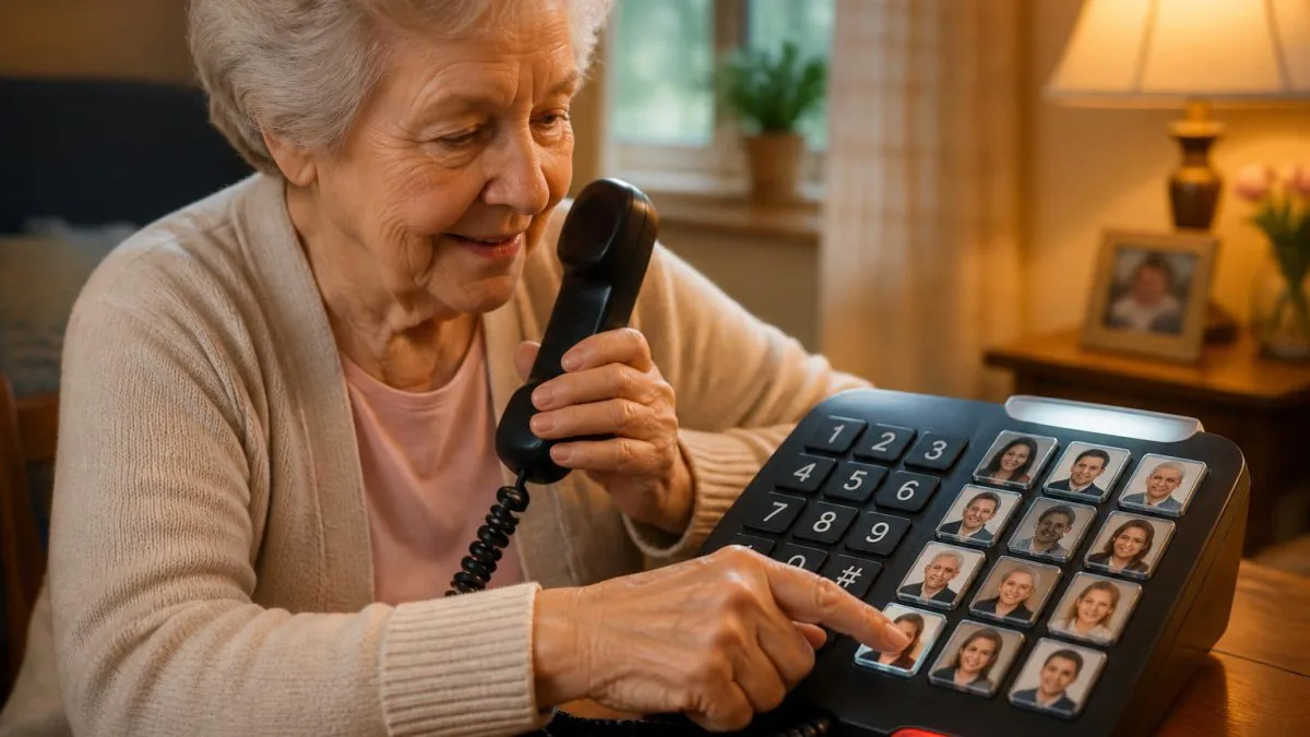 Seniorin blickt auf ein Telefon mit zehn Foto‑Direktwahltasten und heller LED-Anzeige