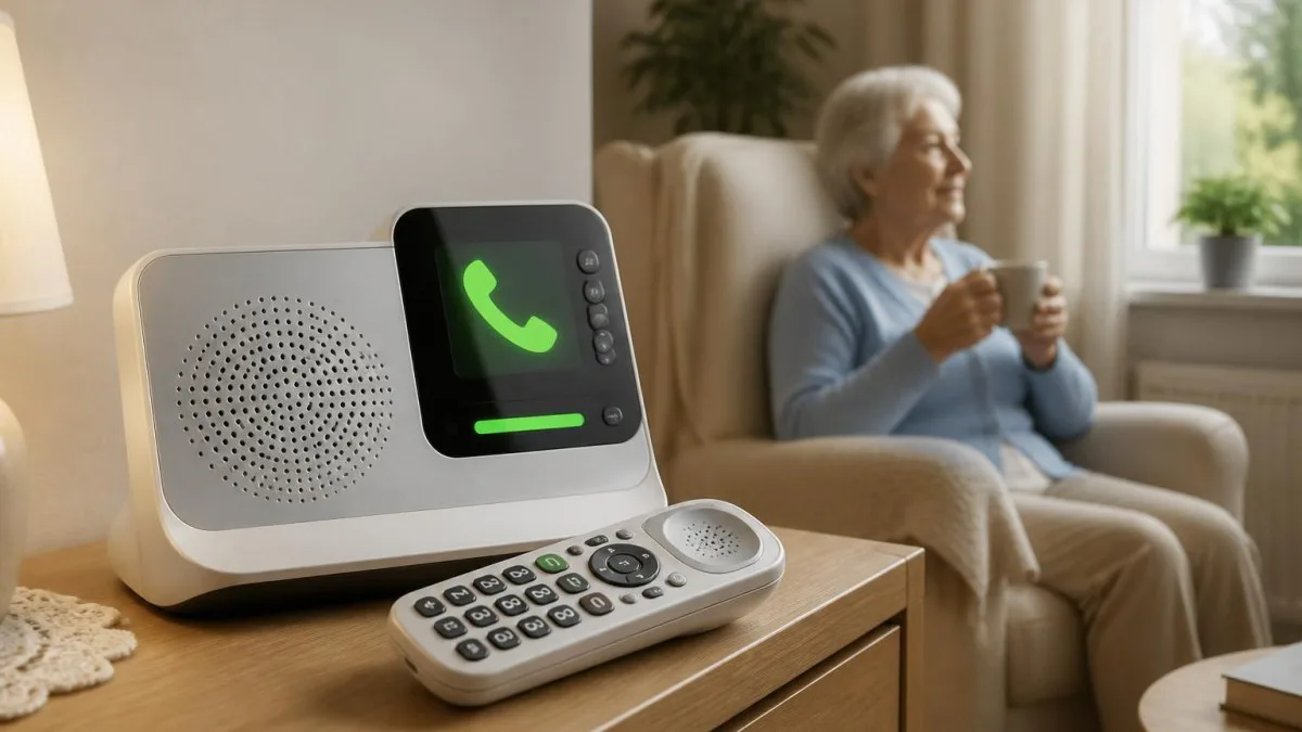 DECT-Telefon mit großem Display auf Sideboard in Wohnzimmerecke