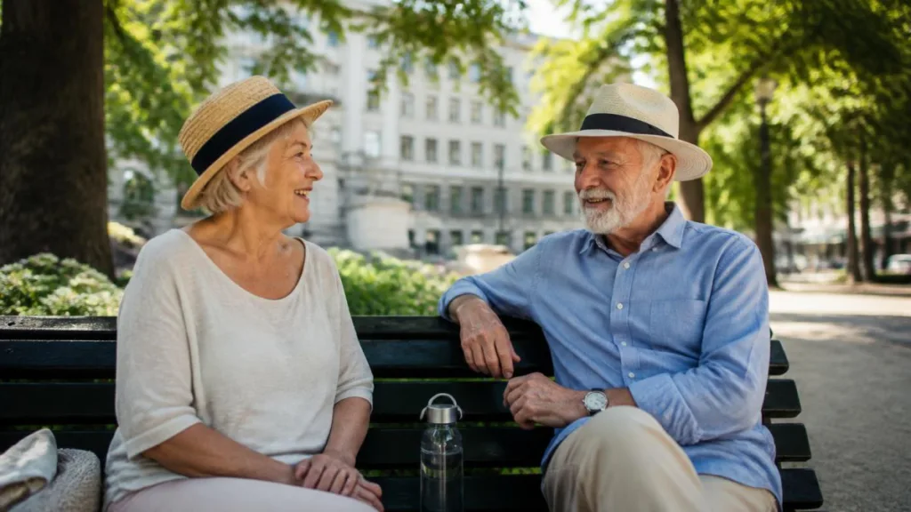 Zwei ältere Menschen auf einer schattigen Parkbank mit Wasserflaschen und Sonnenhut