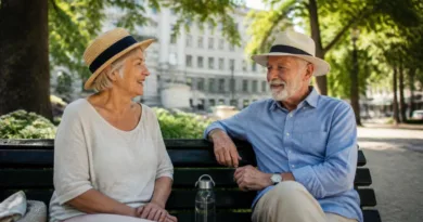 Zwei ältere Menschen auf einer schattigen Parkbank mit Wasserflaschen und Sonnenhut