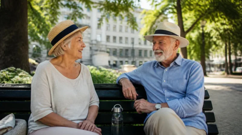 Zwei ältere Menschen auf einer schattigen Parkbank mit Wasserflaschen und Sonnenhut