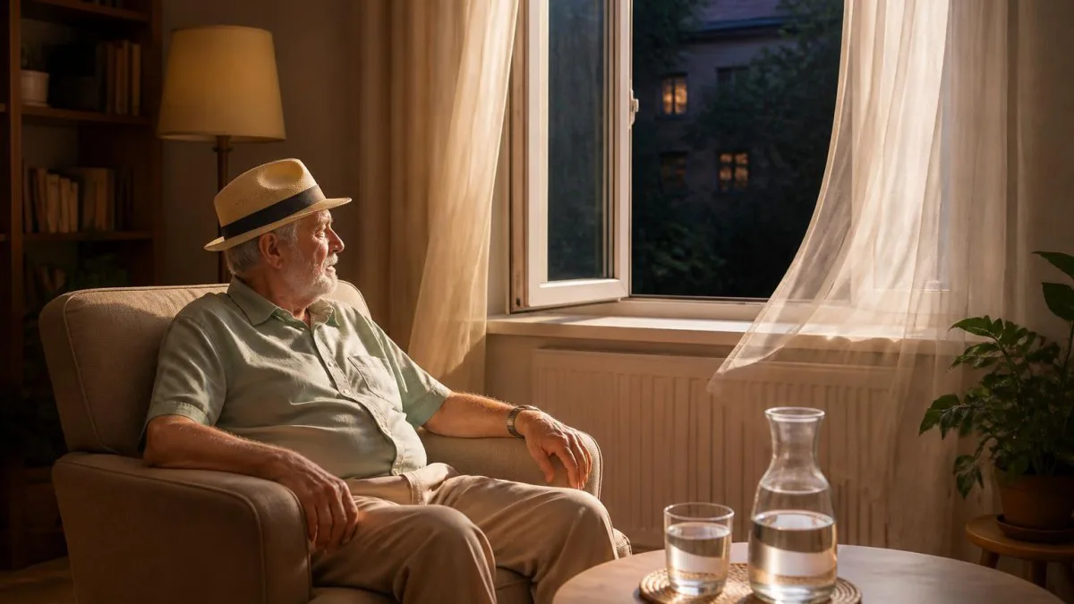 Gut abgedunkeltes Wohnzimmer mit offenem Morgenfenster, Senior mit Wasserflasche