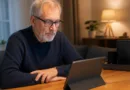 Älterer Mann nutzt Tablet am Esstisch mit Dock im Hintergrund
