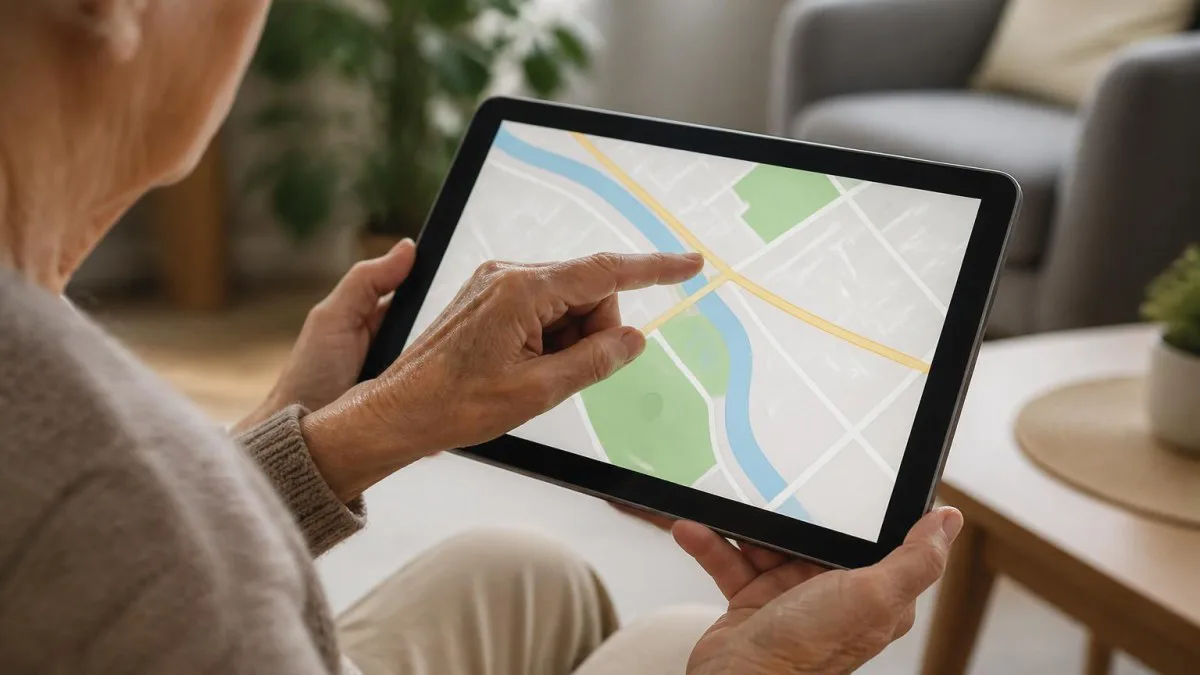 Hand berührt Kartenbedienfläche eines Senioren-Tablets
