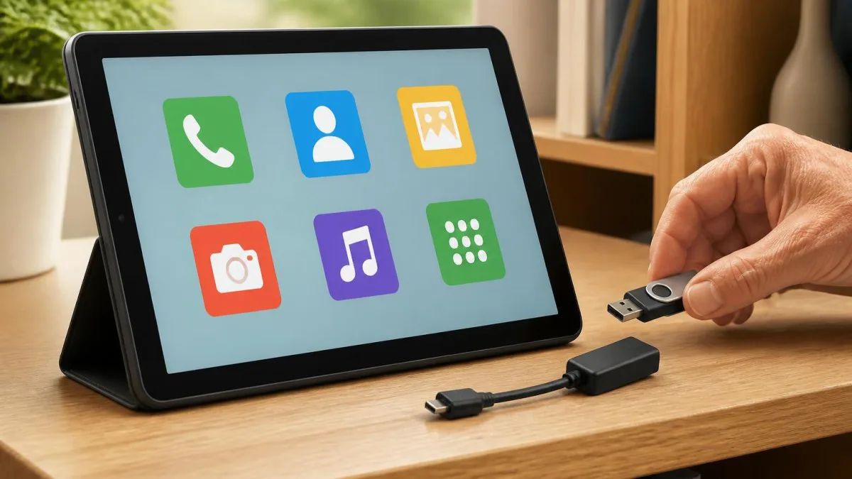 Android-Tablet mit vereinfachtem Launcher und angeschlossenem USB-Stick