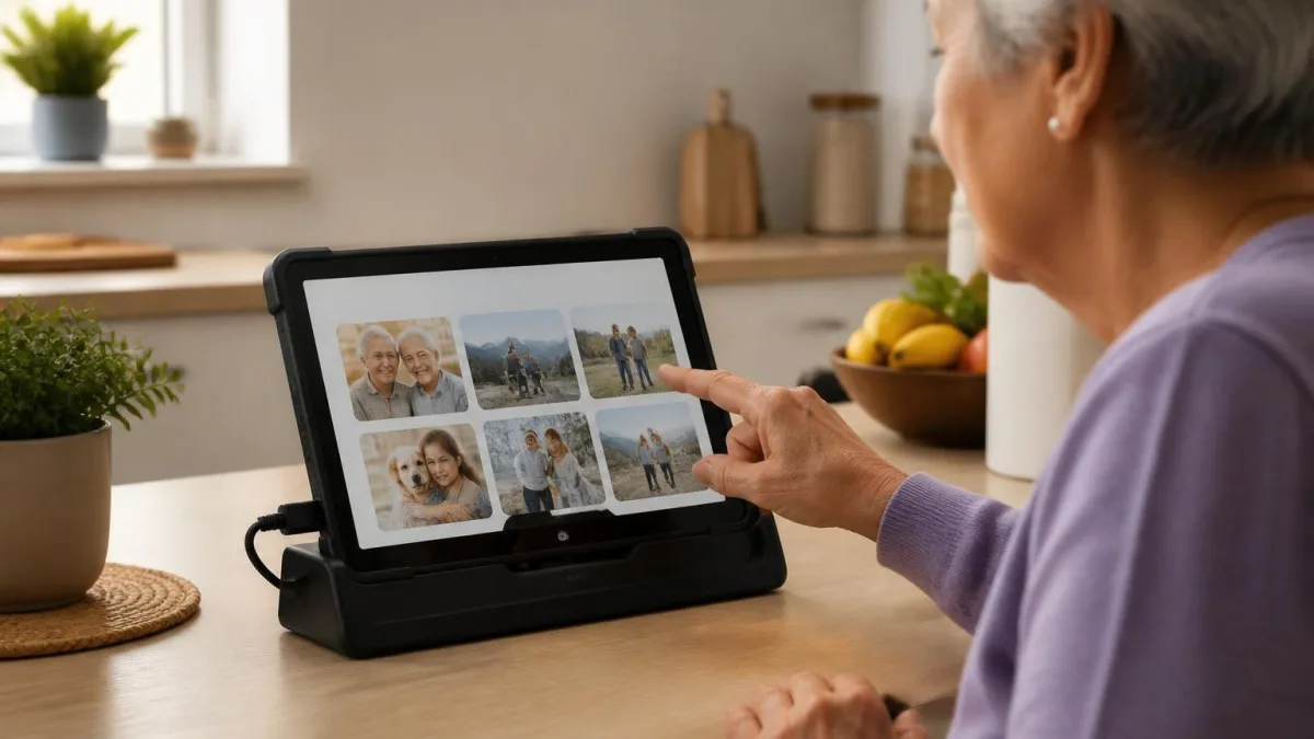 Tablet in stabiler Dockingstation auf Küchentresen