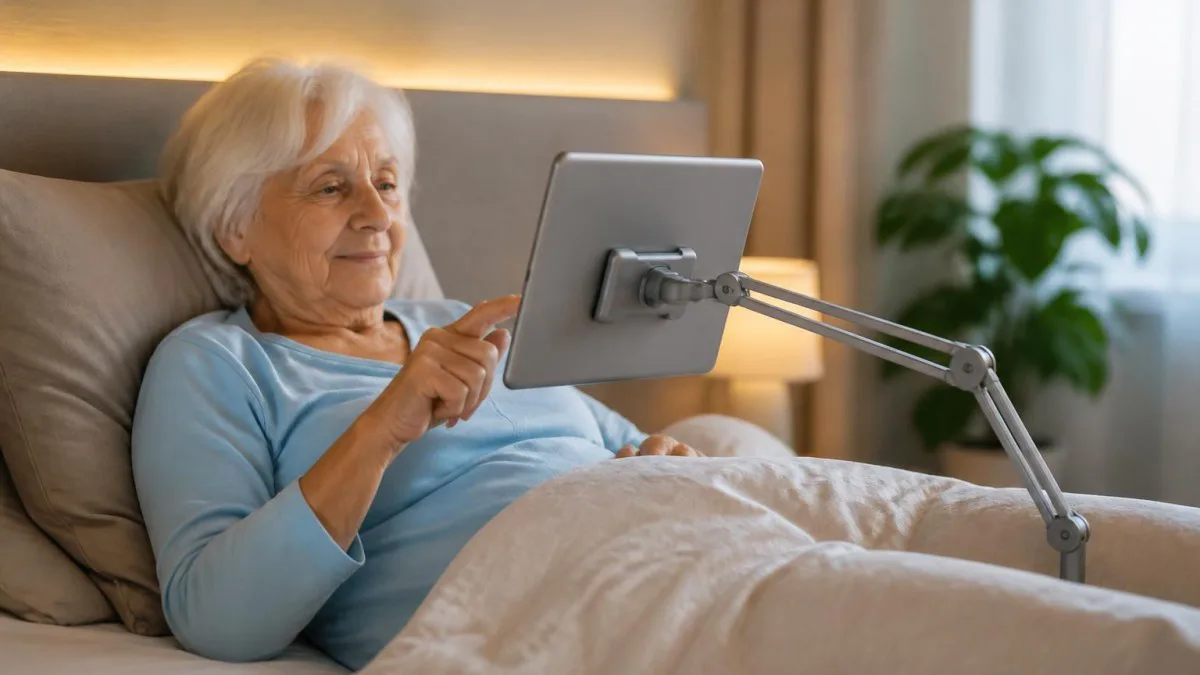 Frau nutzt Tablet auf höhenverstellbarem Metallständer im Bett
