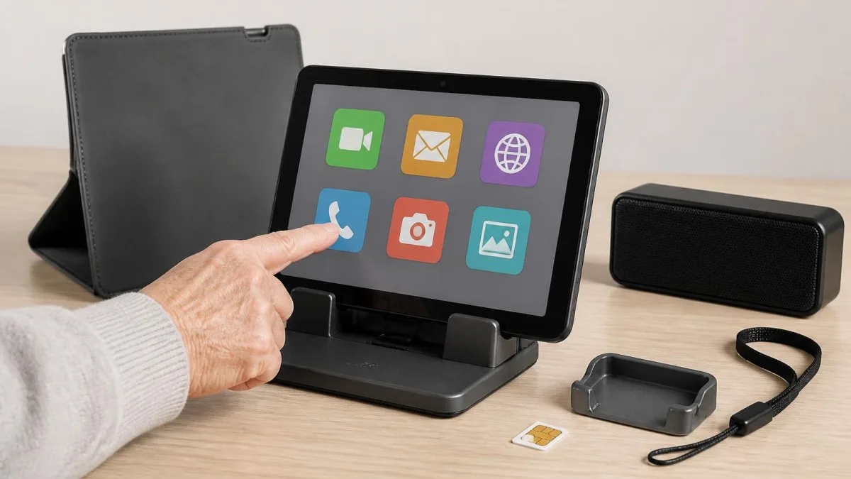 Tablet mit Dock und relevantem Zubehör wie Hülle und Lautsprecher