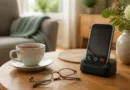 Seniorengerechtes Smartphone mit Ladeschale auf Wohnzimmertisch neben Lesebrille und Tasse Tee