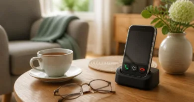 Seniorengerechtes Smartphone mit Ladeschale auf Wohnzimmertisch neben Lesebrille und Tasse Tee