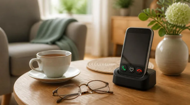 Seniorengerechtes Smartphone mit Ladeschale auf Wohnzimmertisch neben Lesebrille und Tasse Tee