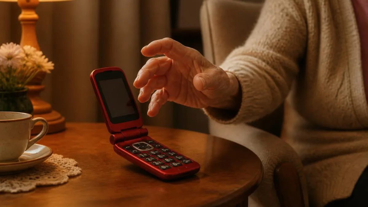 Rotes Klapphandy geöffnet auf Beistelltisch, Hand greift zum Telefon