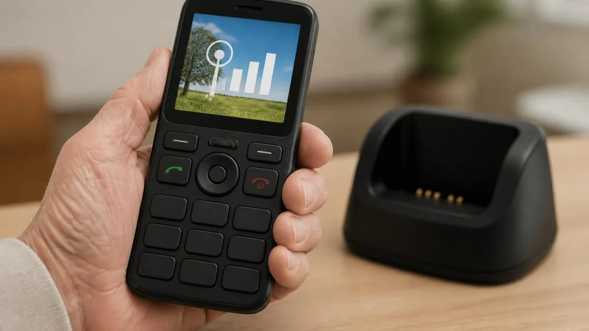 Artfone 4G in Hand mit sichtbarem Display und Ladeschale im Hintergrund