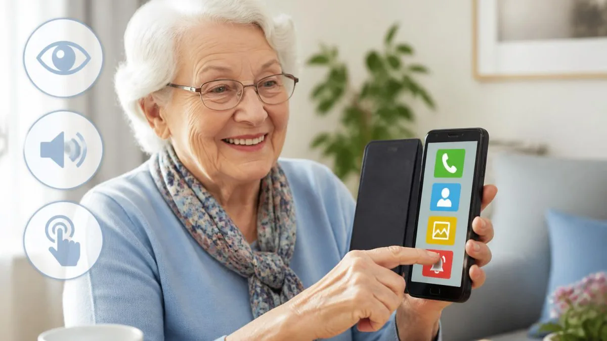 Seniorin nutzt Senioren‑Smartphone mit großem Display und sichtbarer Notfalltaste