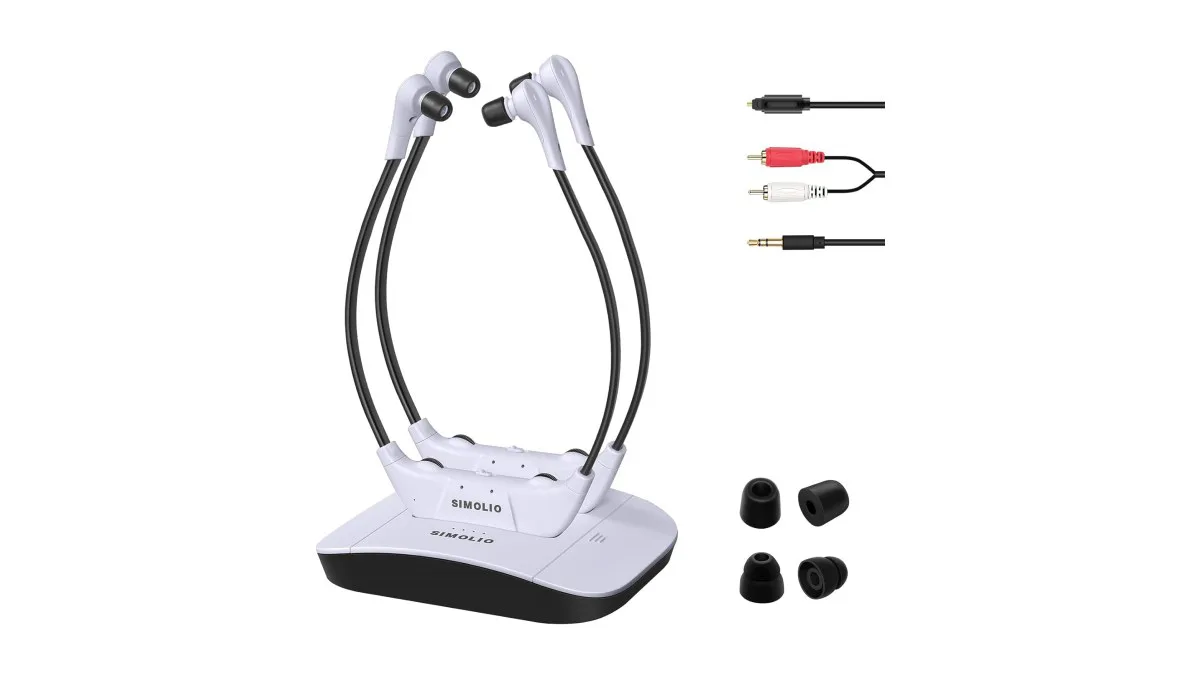SIMOLIO Dual Funkkopfhörer für TV mit Ladestation und Ersatzakku