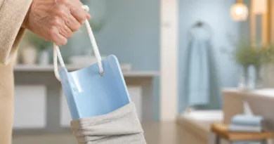 seniorin haelt sockenanziehhilfe im badezimmer
