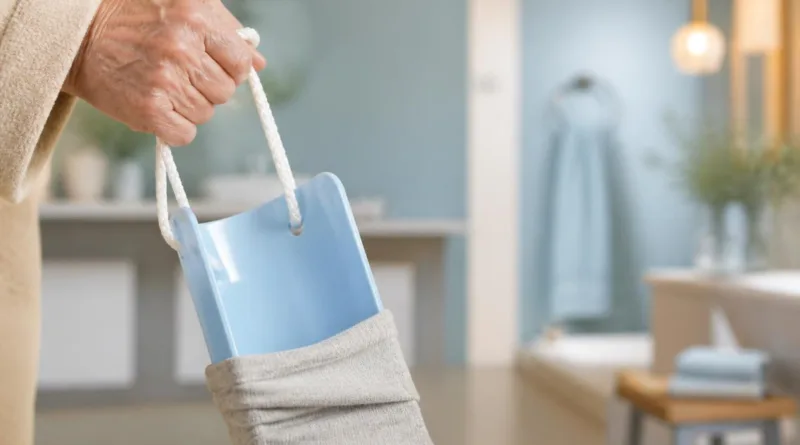 seniorin haelt sockenanziehhilfe im badezimmer