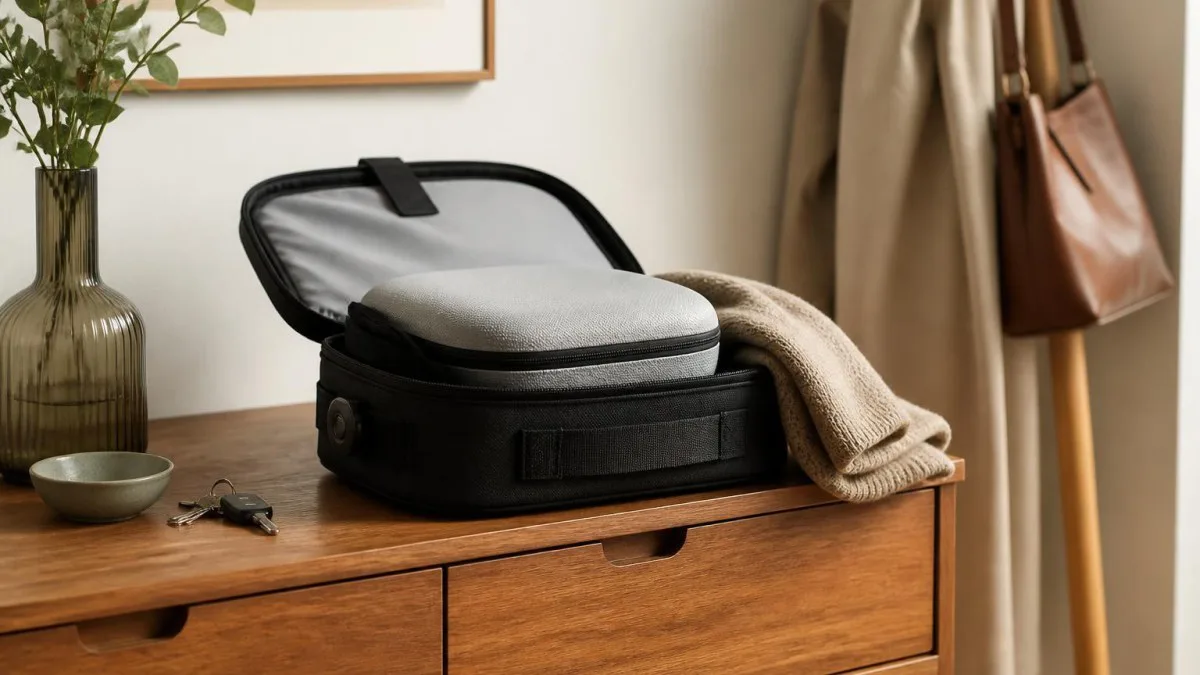 reisetasche mit kompakter sockenanziehhilfe