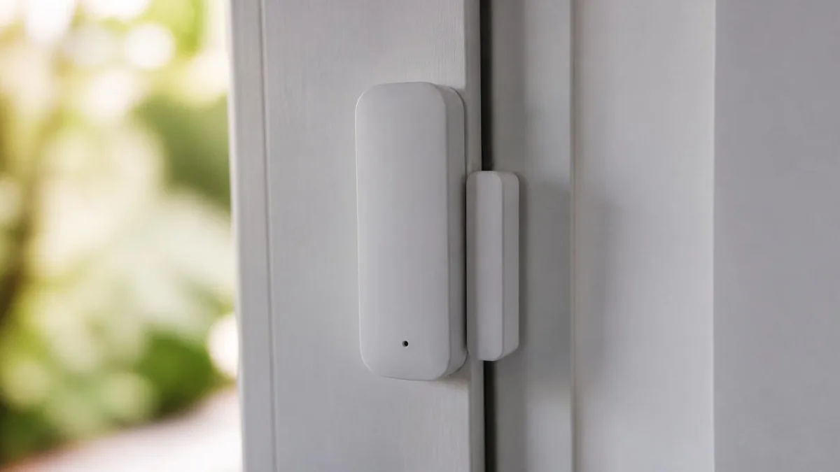 Nahaufnahme Tür- und Fenstersensor an Haustür für Senioren mit Demenz, neutraler Hintergrund