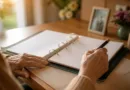 Vorsorgemappe auf einem Schreibtisch mit Hand, die Dokumente ordnet