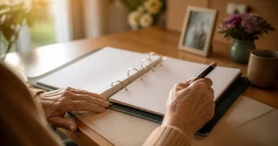 Vorsorgemappe auf einem Schreibtisch mit Hand, die Dokumente ordnet