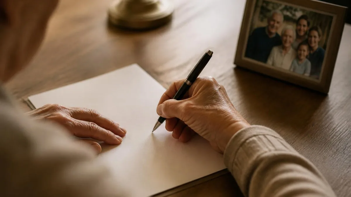 Handschriftliches Testament wird mit Stift verfasst, symbolisiert rechtswirksame Form
