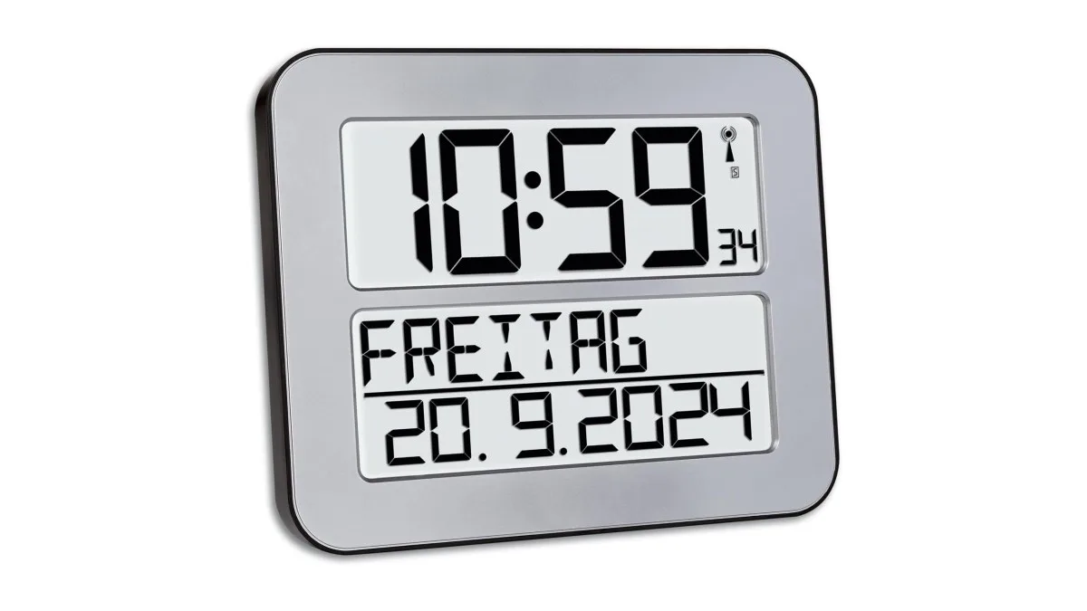 tfa dostmann timeline max digitale funk-wanduhr silber