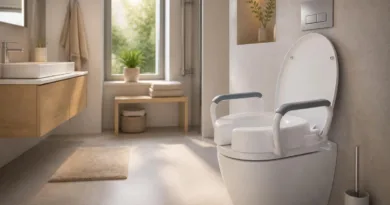 Barrierearmes Badezimmer mit Toilettensitzerhöhung, warme Beleuchtung und klare Linien