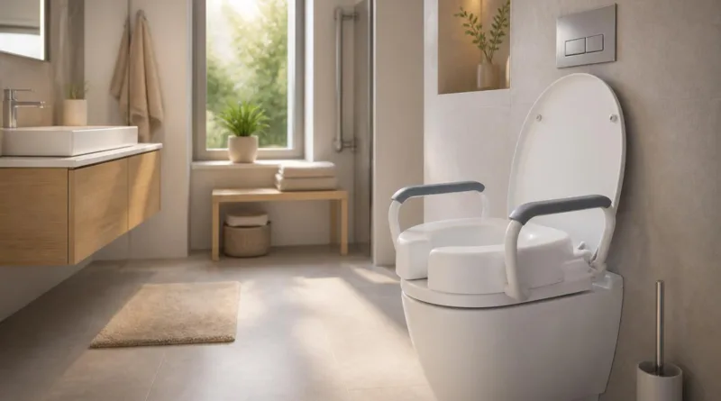 Barrierearmes Badezimmer mit Toilettensitzerhöhung, warme Beleuchtung und klare Linien