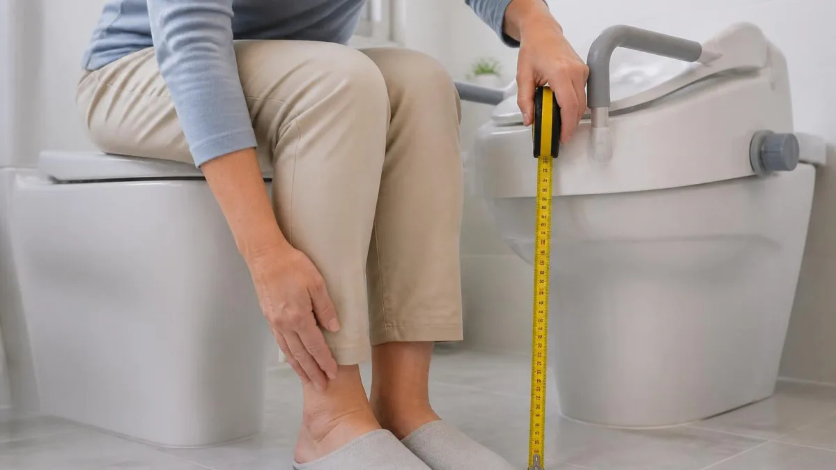 Person misst mit Maßband die Sitzhöhe an der Toilette, Fokus auf Hände und Maßband