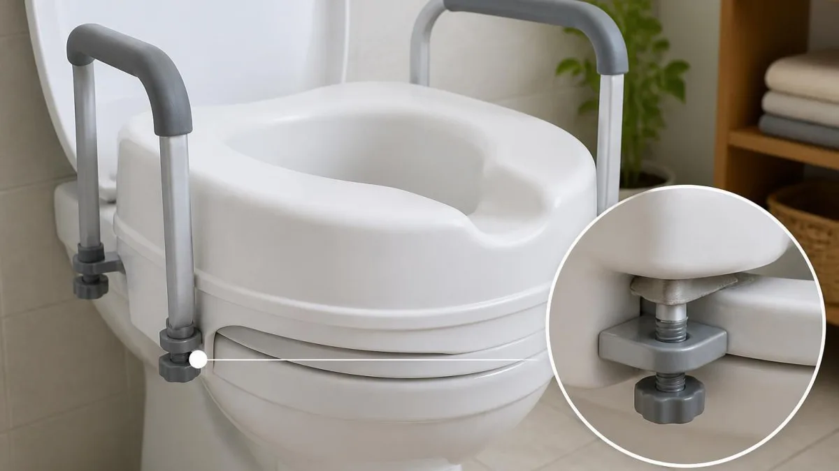 Detailaufnahme der Klemmbefestigung einer Toilettensitzerhöhung, rutschfeste Auflage sichtbar