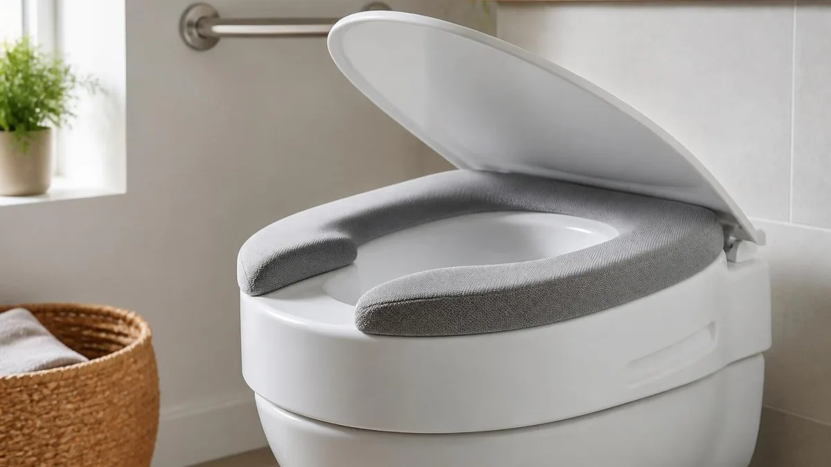 Gepolsterte Toilettensitzerhöhung mit geöffnetem Deckel, hygienische Szene im Badezimmer