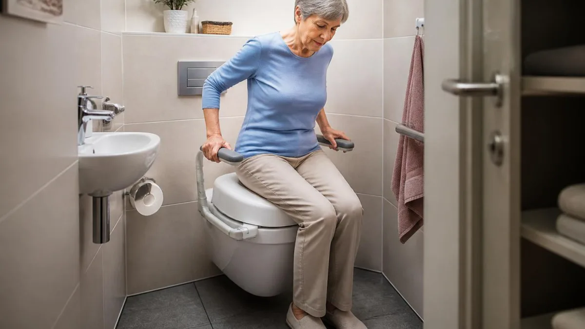 Toilettensitzerhöhung mit breiter Auflagefläche in engem Badezimmer, zeigt Platzverhältnisse