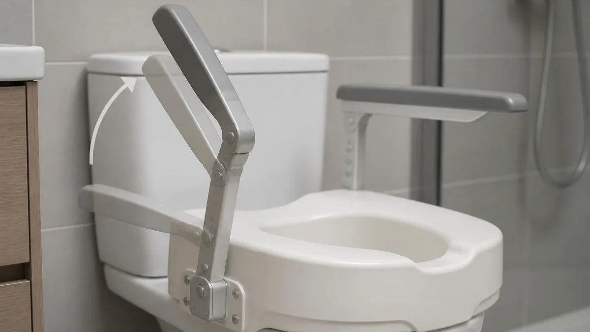 Halb aufgeklappte Armlehne an einer Toilettensitzerhöhung, Mechanik und Stabilität sichtbar