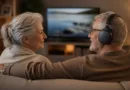 Älteres Paar zu Hause, Senior trägt TV-Kopfhörer auf dem Sofa