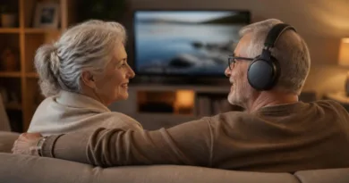 Älteres Paar zu Hause, Senior trägt TV-Kopfhörer auf dem Sofa