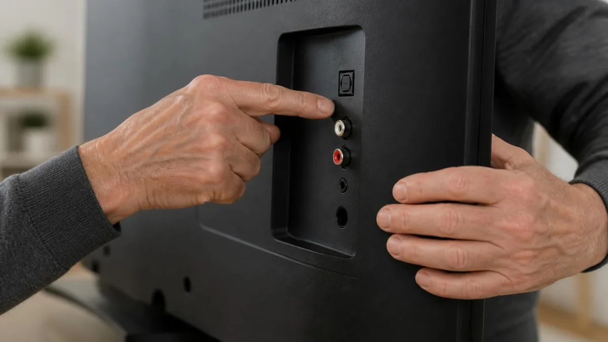 Rückseite eines Fernsehers mit optischem, RCA und Klinkenanschluss