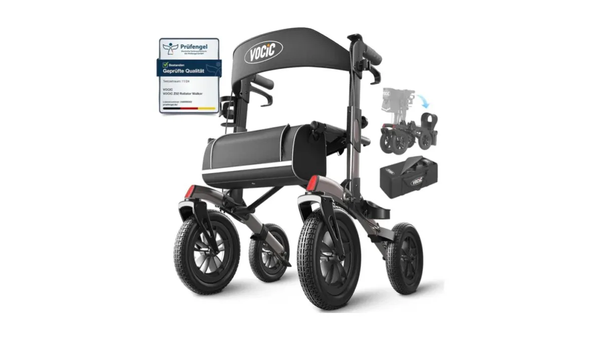 VOCIC Rollator mit robusten Gummireifen auf Kiesweg, dunkelgrau