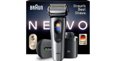 Braun NEVO Rasierer in Silber, kompaktes Gehäuse und Folienkopf deutlich sichtbar