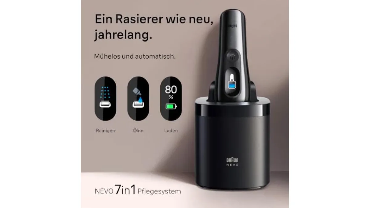 Braun NEVO Rasierer in Silber, kompaktes Gehäuse und Folienkopf deutlich sichtbar – weitere Produktansicht 4